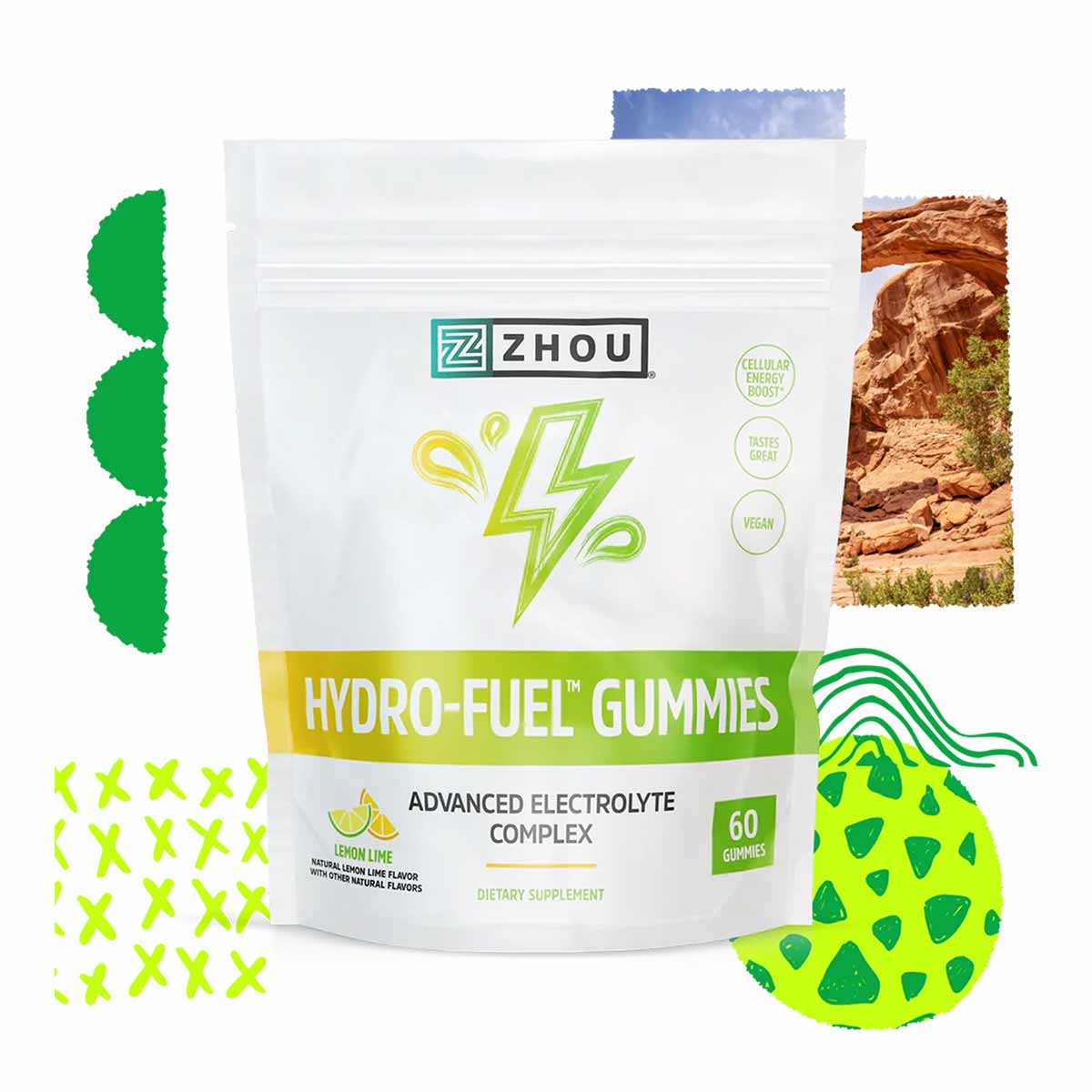 Zhou Nutrition Hydro-Fuel Gummies pouch with lemon-lime flavor, 60 gummies, surrounded by cactus and fruit imagery.