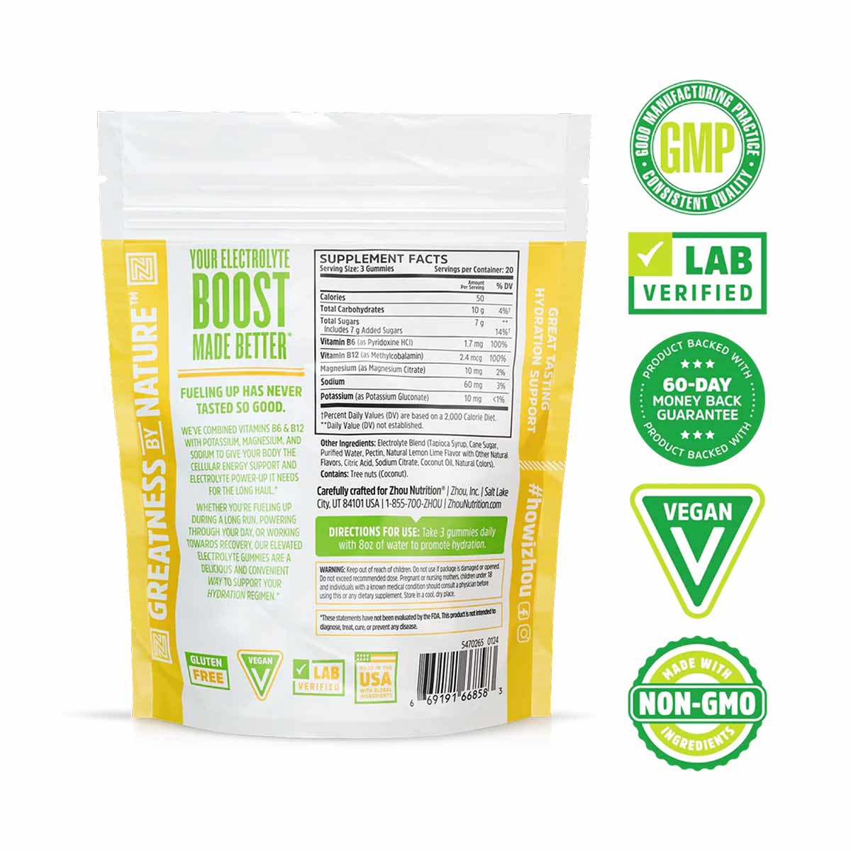 White and yellow resealable pouch of Hydro-Fuel Gummies with supplement facts label and certification badges displayed on pac