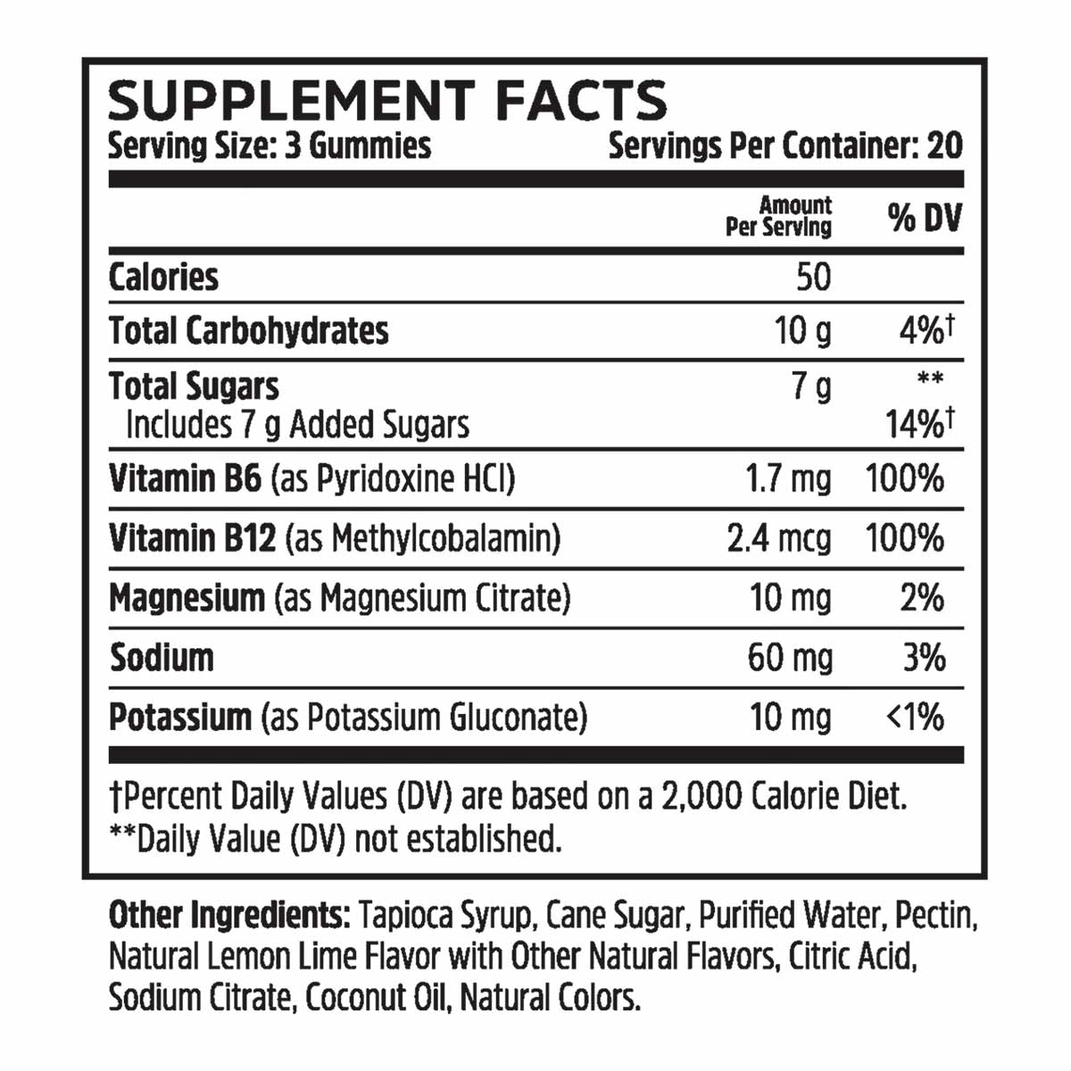 Supplement facts label showing serving size of 3 gummies with nutritional information including vitamins B6 and B12, minerals