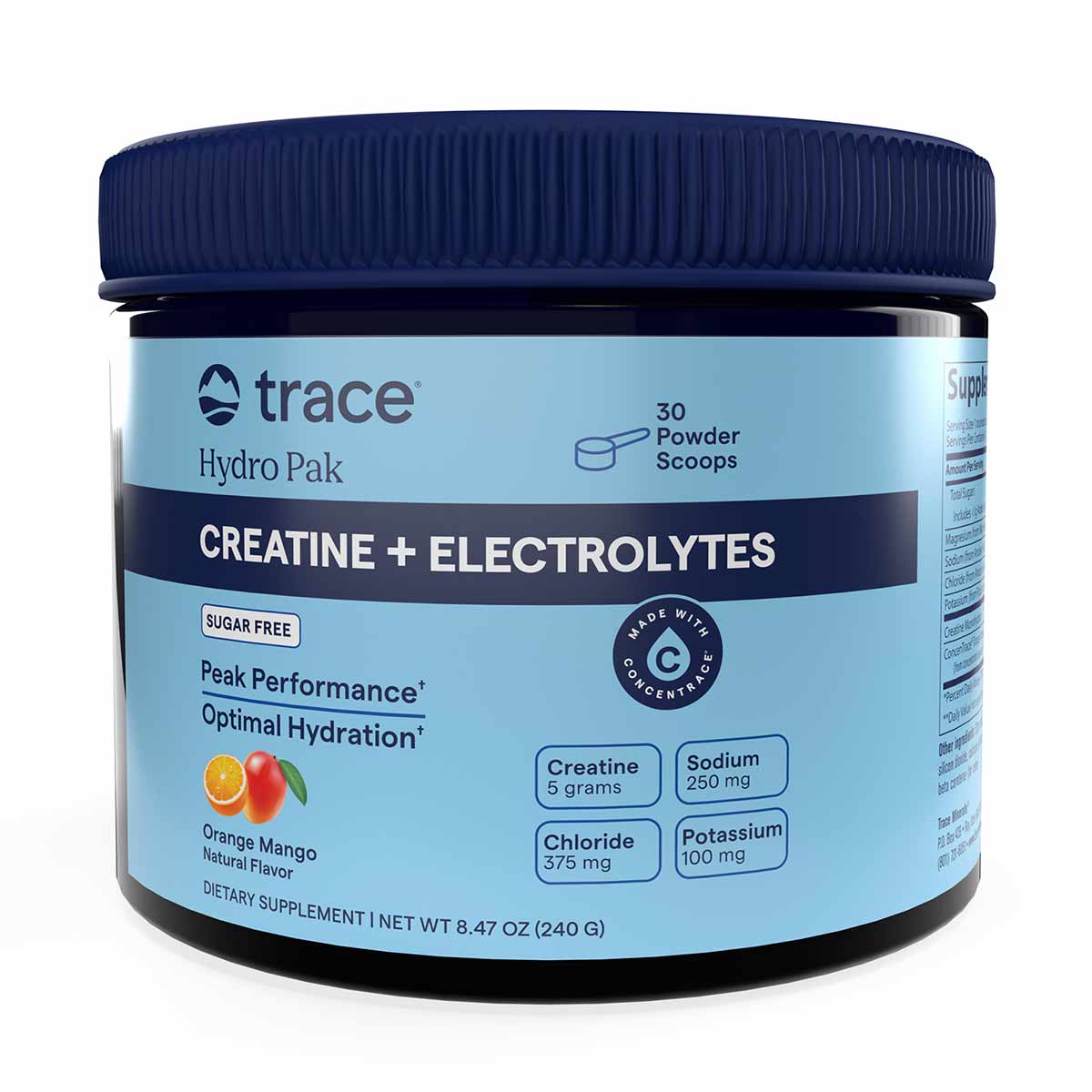 Trace Minerals Hydro Pak creatine and electrolytes powder in orange mango flavor, 30 scoops, 8.47 oz container.