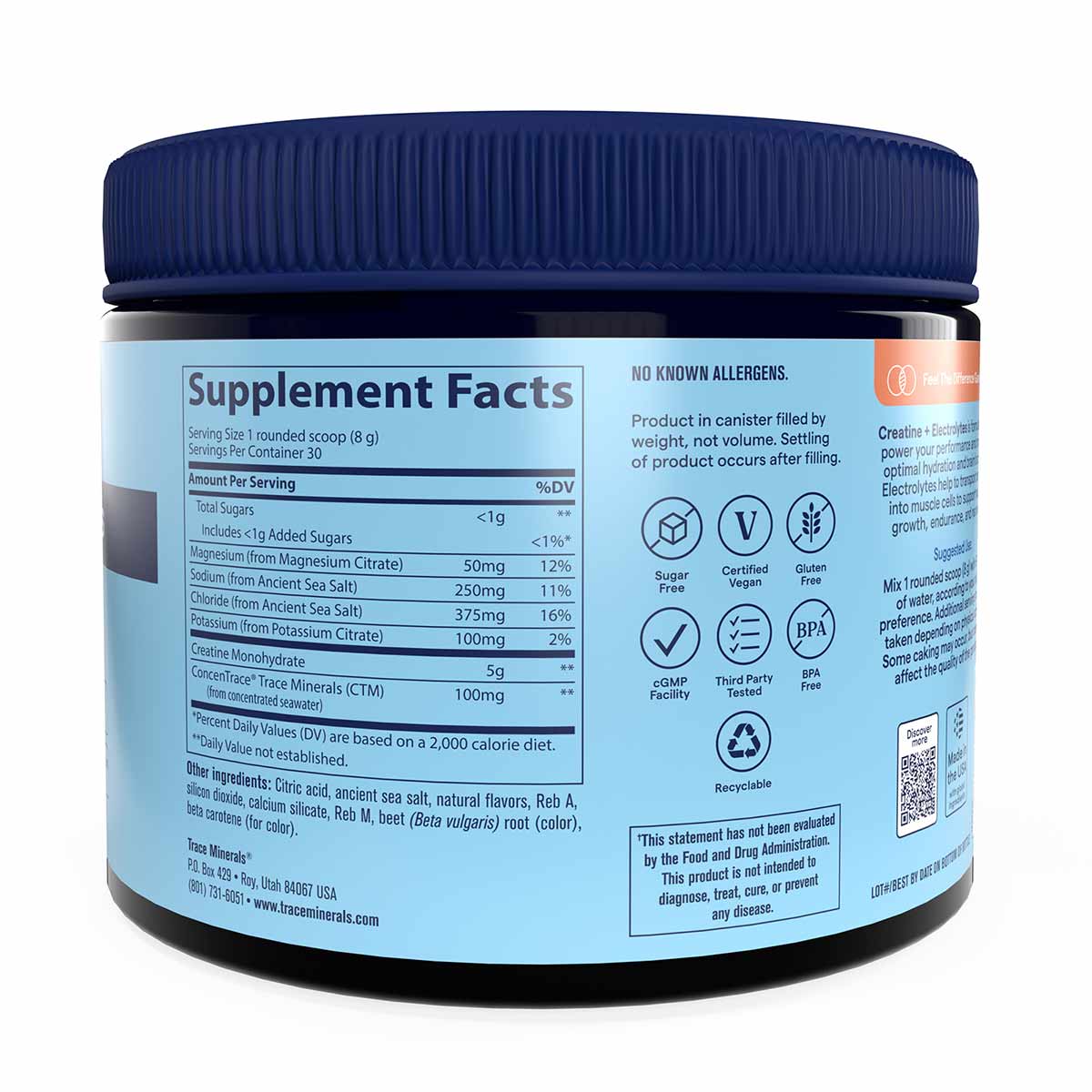 Dark container with blue lid and light blue label displaying supplement facts for creatine and electrolytes powder.