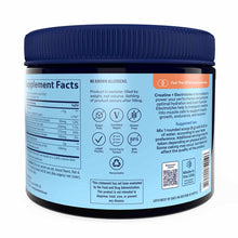 Black plastic canister with blue screw-top lid and light blue label displaying supplement facts, ingredients, and product inf