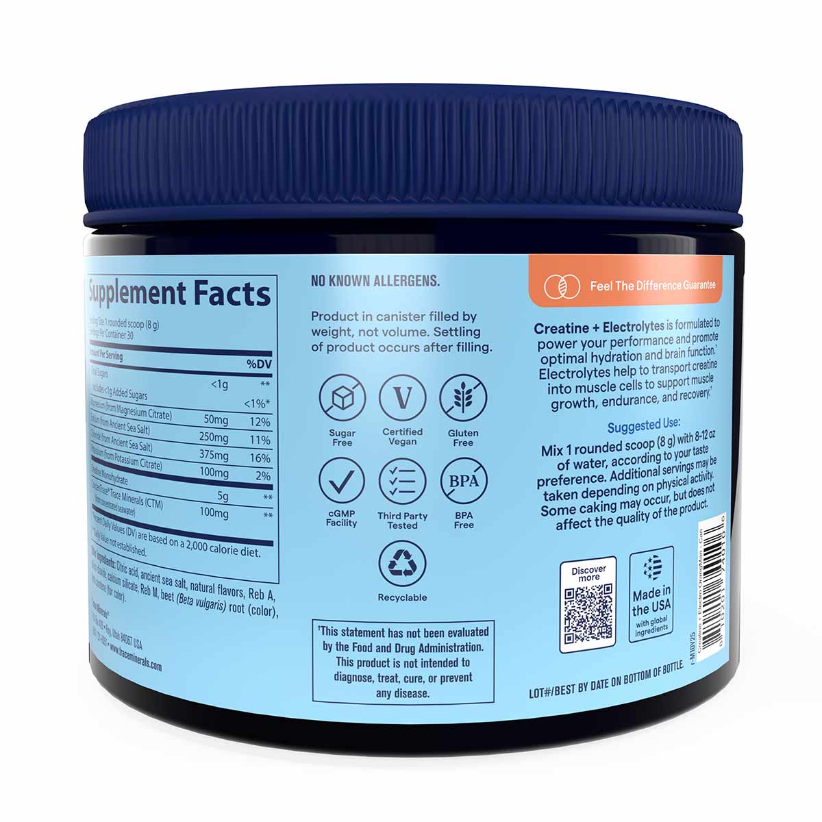 Black plastic canister with blue screw-top lid and light blue label displaying supplement facts, ingredients, and product inf