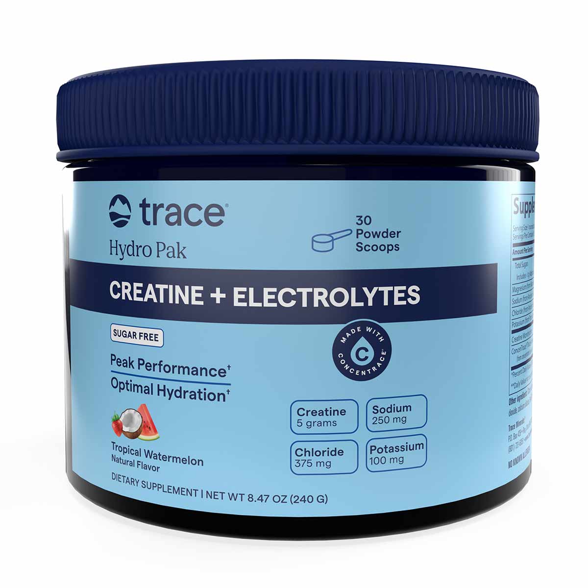 Trace Minerals Hydro Pak creatine and electrolytes powder in tropical watermelon flavor, 8.47 oz container with dark blue lid