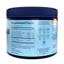 Dark glass jar with blue screw cap lid containing light blue label with supplement facts and ingredient information.