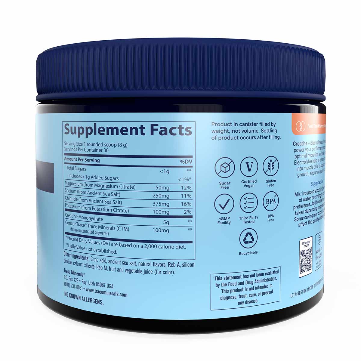 Dark glass jar with blue screw cap lid containing light blue label with supplement facts and ingredient information.