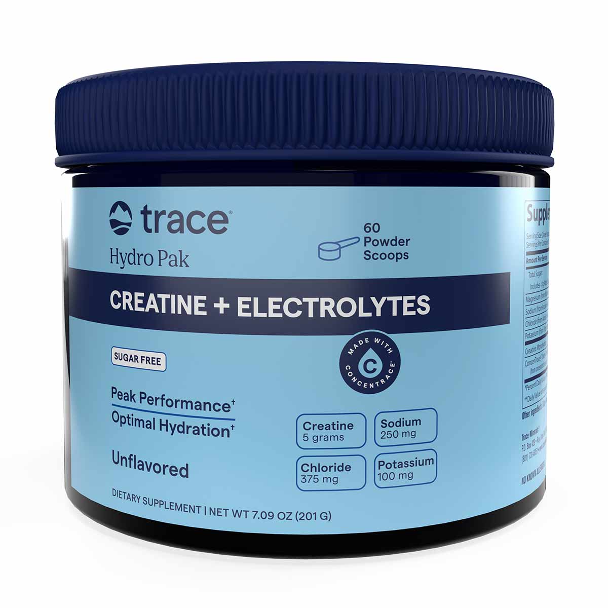 Blue and black container of Trace Minerals Hydro Pak Creatine + Electrolytes powder, 60 scoops, unflavored.