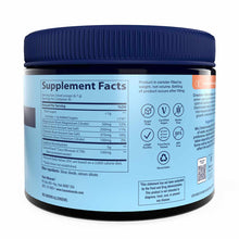Black container with blue ridged cap and light blue label showing supplement facts for creatine and electrolytes powder.