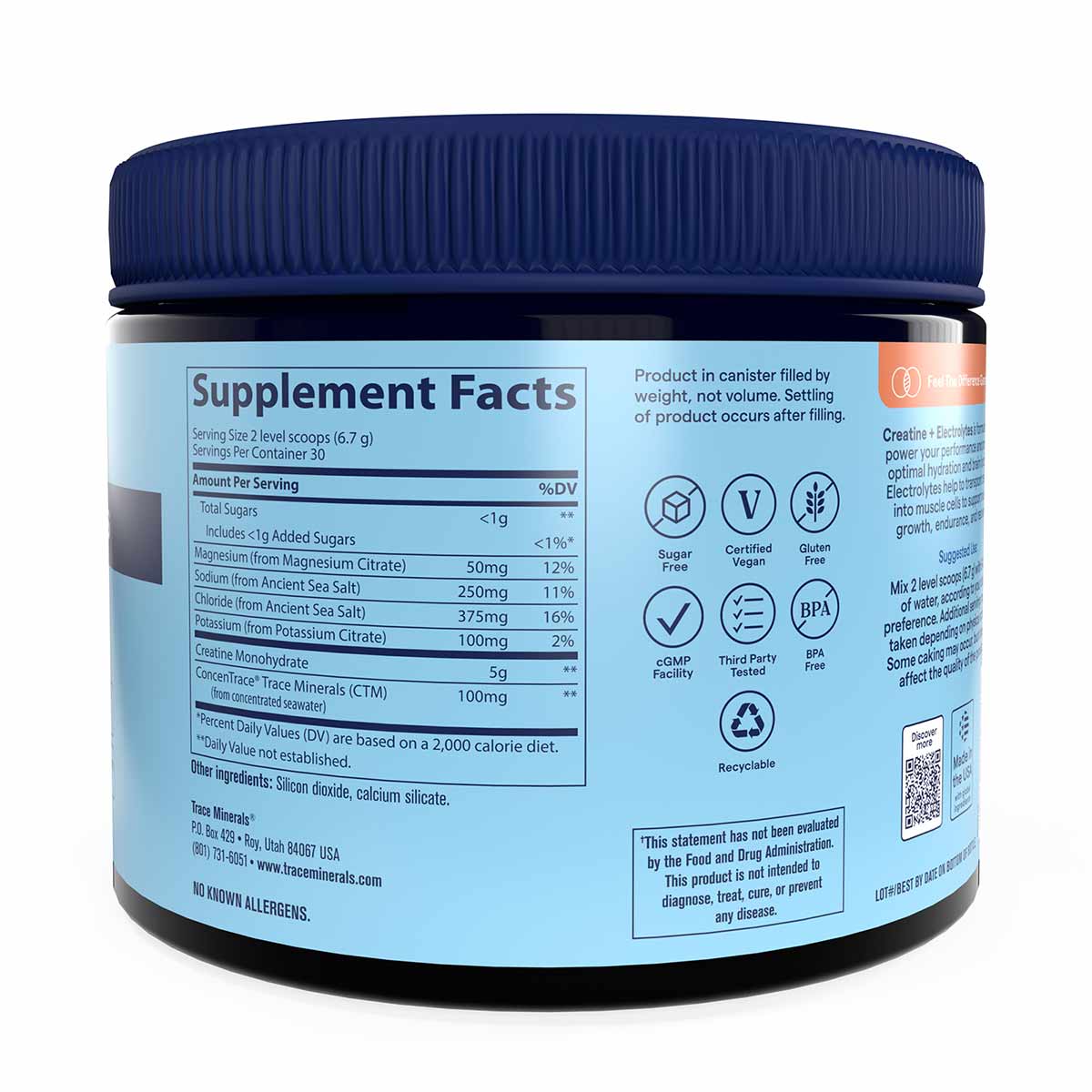 Black container with blue ridged cap and light blue label showing supplement facts for creatine and electrolytes powder.