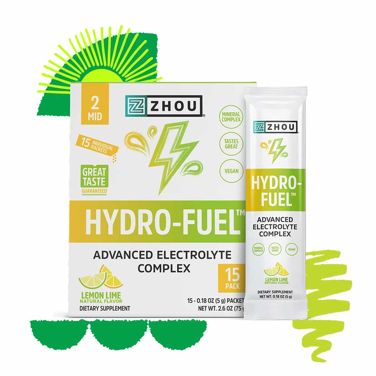 Zhou Nutrition HydroFuel stick pack box with 15 lemon lime flavored electrolyte packets and single stick pack displayed.