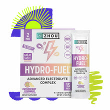 Box of Zhou Nutrition HydroFuel stick packs with 15 individual packets of passionfruit lemonade flavored electrolyte complex 