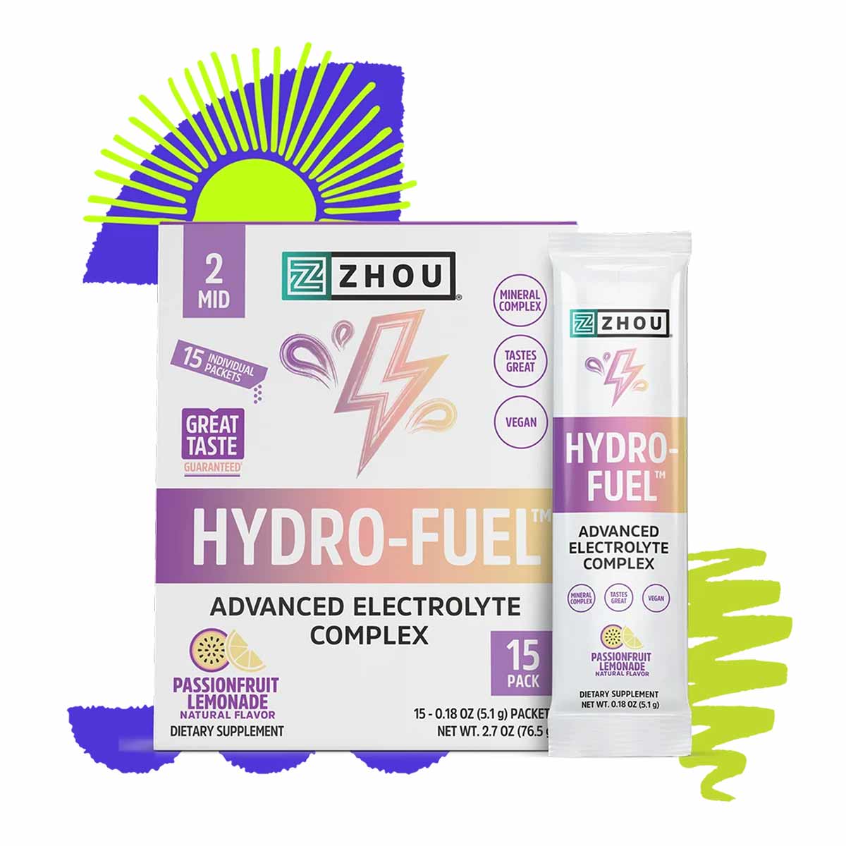 Box of Zhou Nutrition HydroFuel stick packs with 15 individual packets of passionfruit lemonade flavored electrolyte complex 