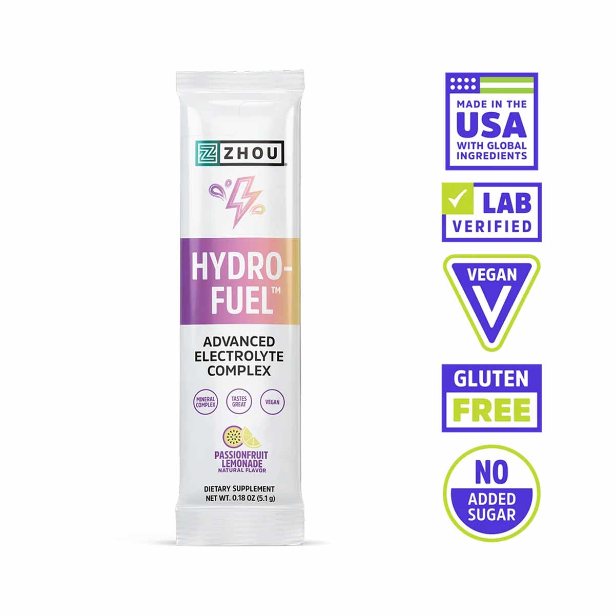 Zhou Nutrition HydroFuel stick pack with purple and white packaging labeled "Advanced Electrolyte Complex" in passionfruit le