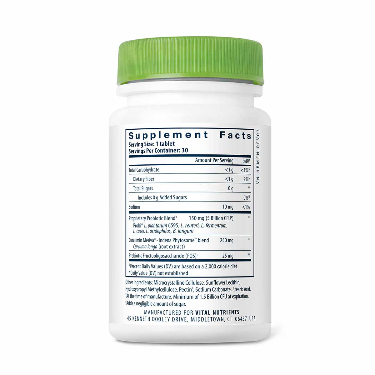 White supplement bottle with green cap displaying Supplement Facts label for probiotic tablets.