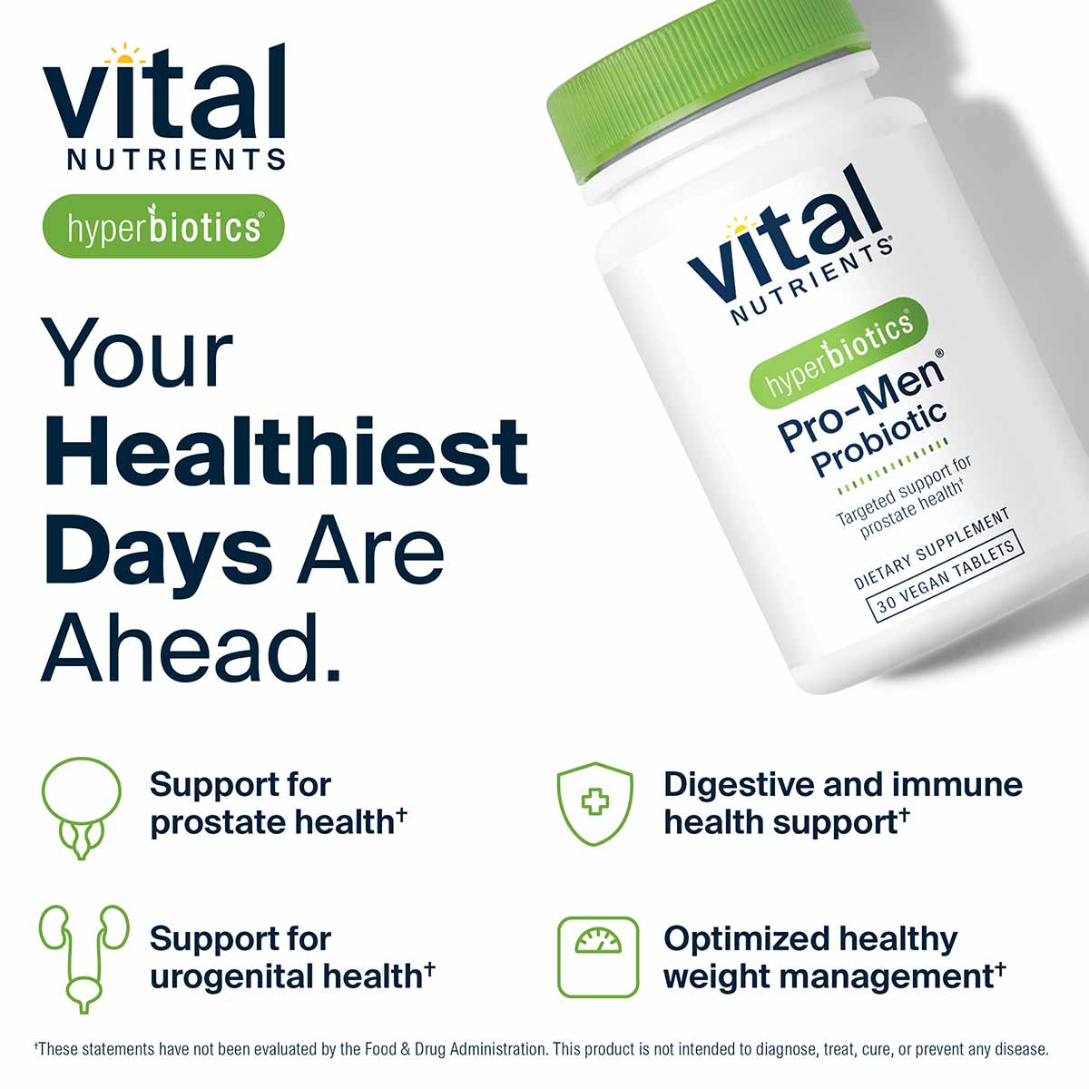 White bottle with green cap labeled Vital Nutrients Hyperbiotics Pro-Men Probiotic containing 30 vegan tablets.