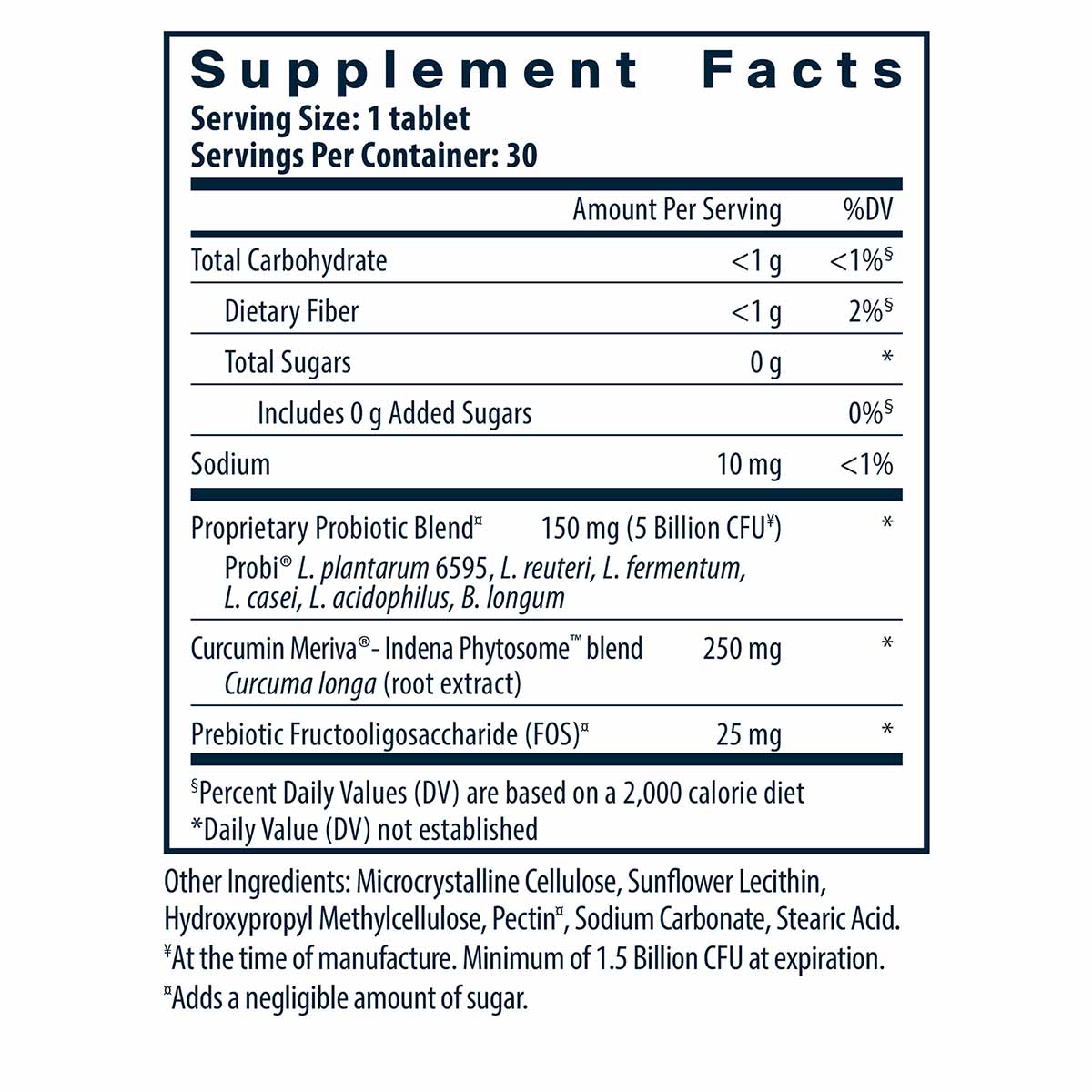 Supplement Facts label showing serving size of 1 tablet, 30 servings per container, with probiotic blend, curcumin, and prebi