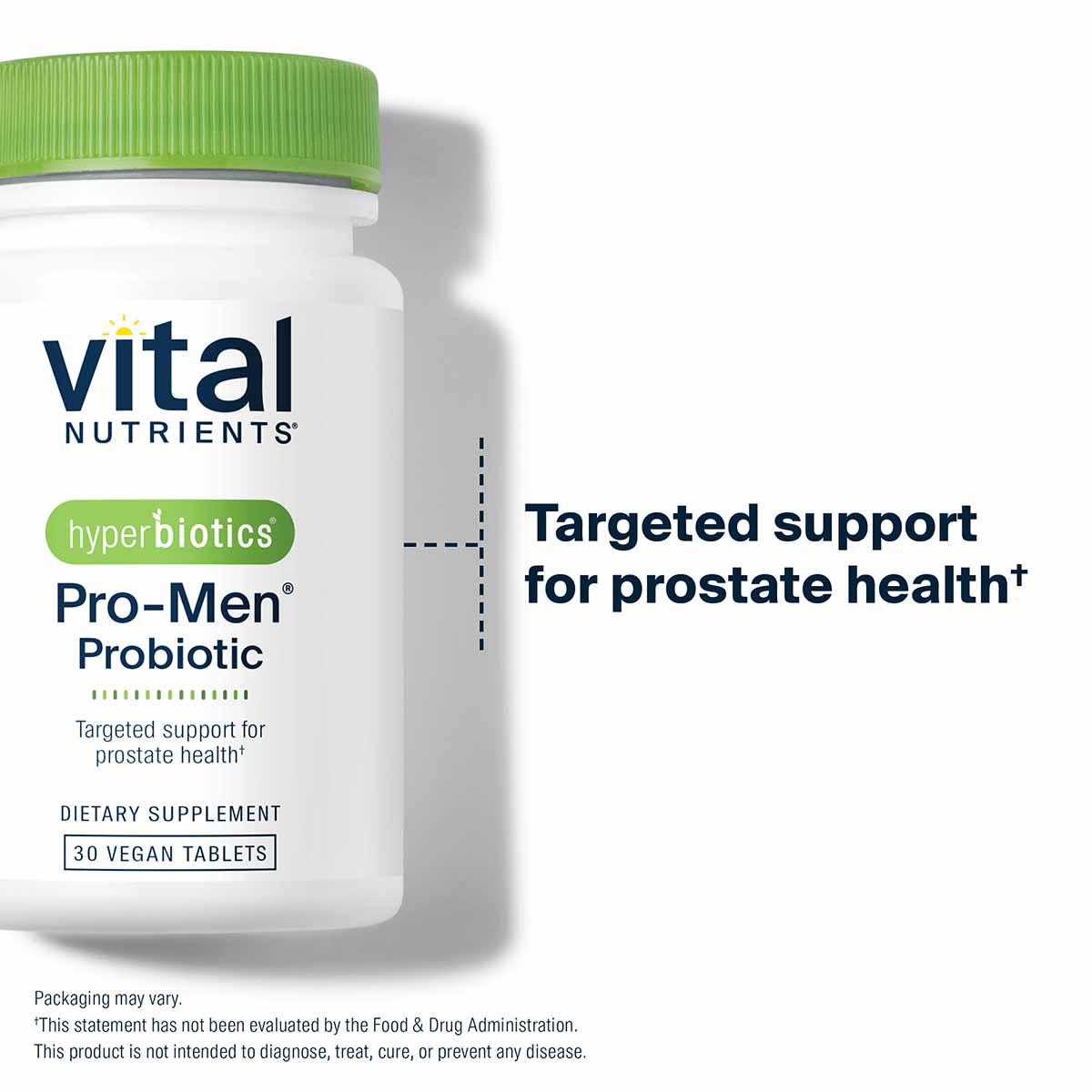 White bottle with green cap labeled Vital Nutrients Hyperbiotics Pro-Men Probiotic, 30 vegan tablets, dietary supplement.
