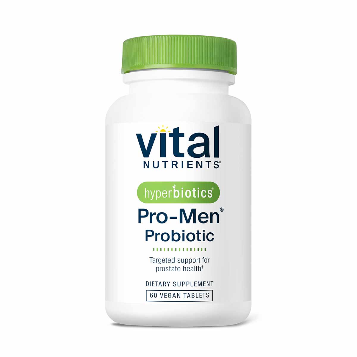White bottle with green cap containing Vital Nutrients Hyperbiotics Pro-Men Probiotic dietary supplement, 60 vegan tablets.