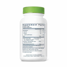 White plastic supplement bottle with green cap displaying Supplement Facts label for probiotic tablet formula.