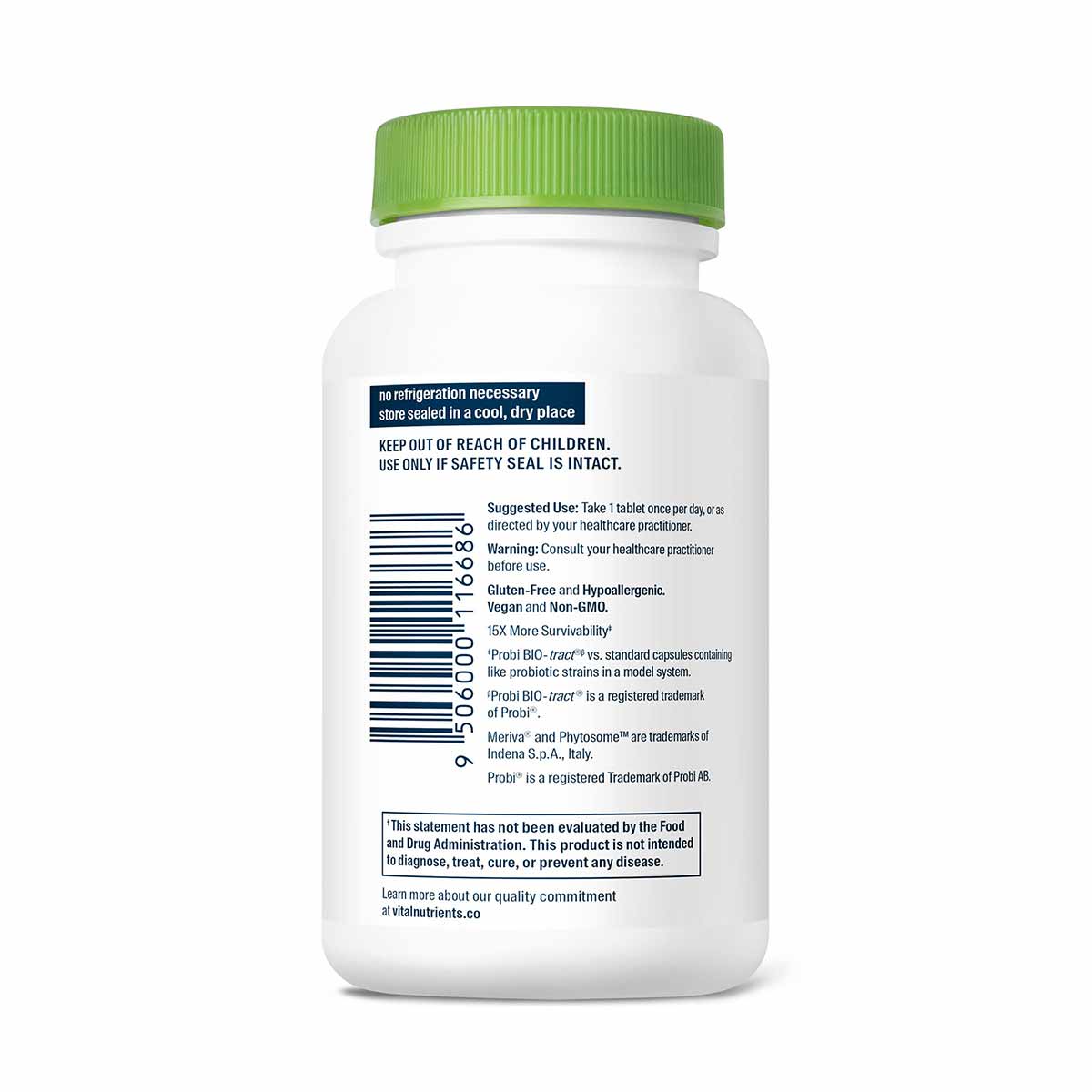White bottle with green cap containing probiotic tablets, featuring product information and barcode label on front.