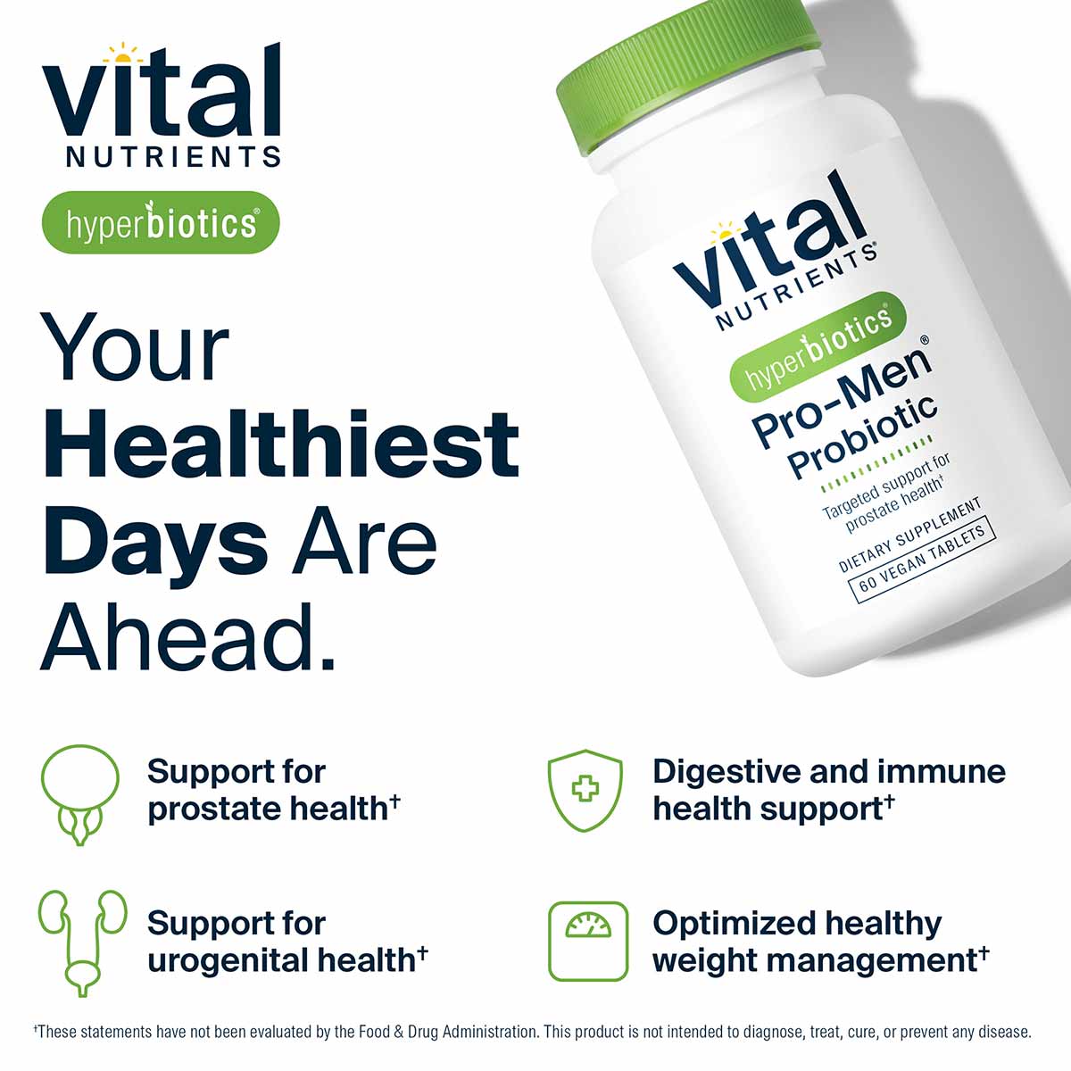 White bottle with green cap labeled "vital nutrients hyperbiotics Pro-Men Probiotic" containing 60 vegan tablets.