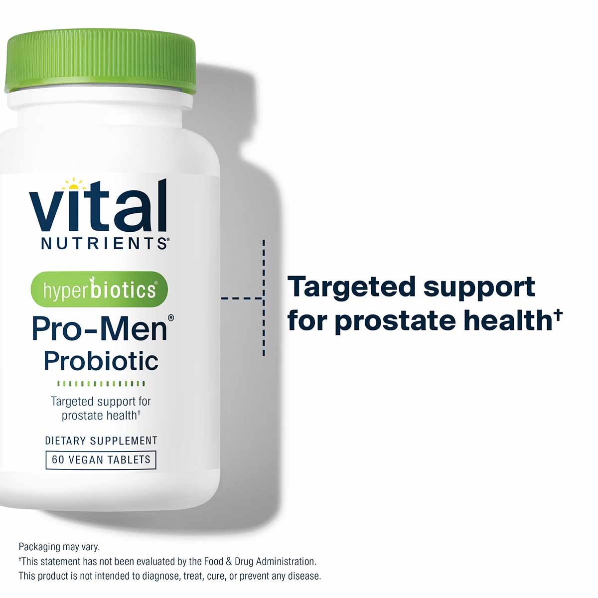 White bottle with green cap labeled Vital Nutrients Hyperbiotics Pro-Men Probiotic, 60 vegan tablets.
