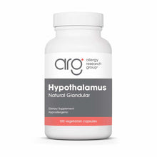 White supplement bottle with gray and coral label for Hypothalamus Natural Glandular by Allergy Research Group, containing 10