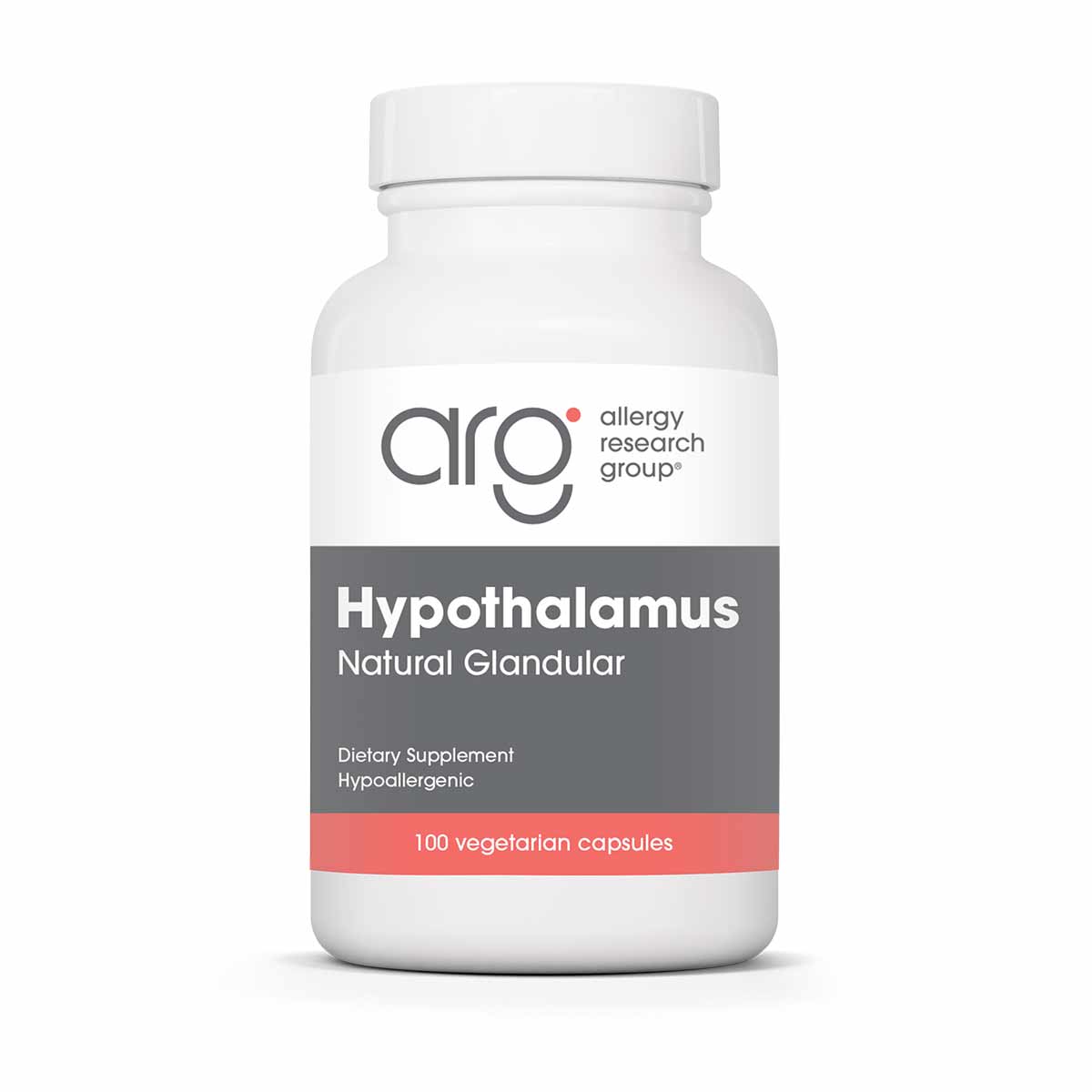 White supplement bottle with gray and coral label for Hypothalamus Natural Glandular by Allergy Research Group, containing 10