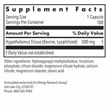 Supplement Facts label showing 100 vegetarian capsules containing 500 mg bovine hypothalamus tissue per serving.