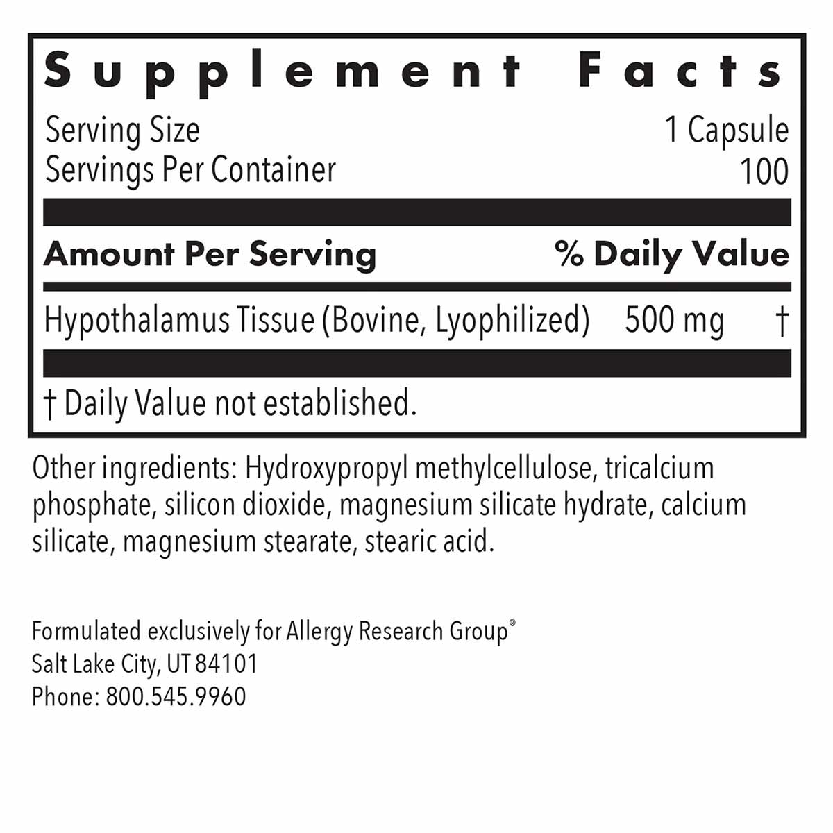 Supplement Facts label showing 100 vegetarian capsules containing 500 mg bovine hypothalamus tissue per serving.