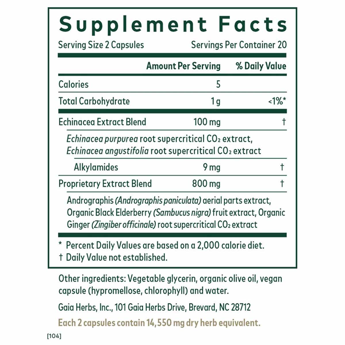 Supplement Facts label showing serving size, nutritional information, and herbal ingredients including echinacea, andrographi