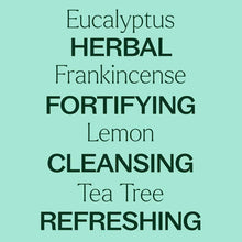 Dark green text on a mint background lists Eucalyptus, Frankincense, Lemon, and Tea Tree alongside the words Herbal, Fortifying, Cleansing, and Refreshing.