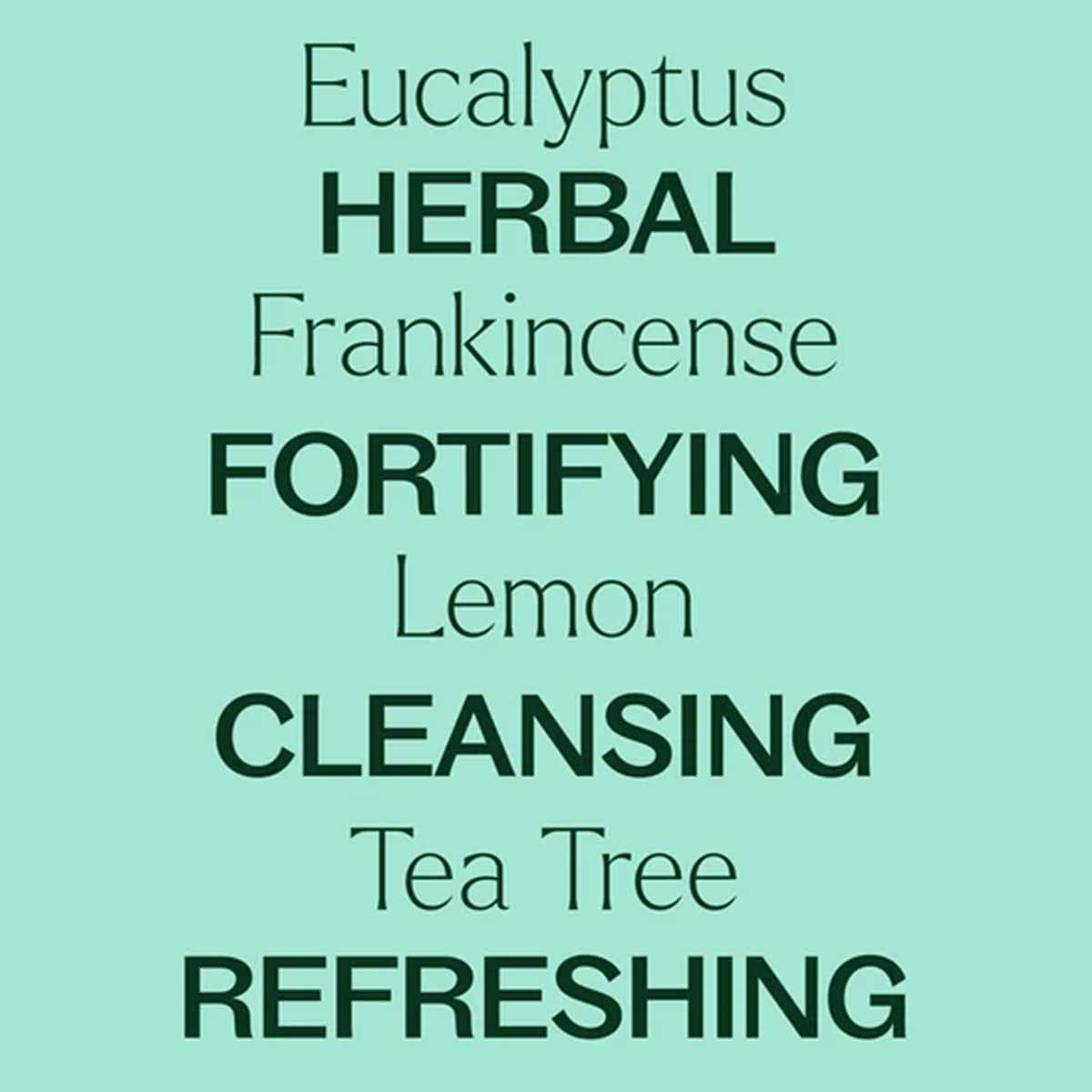 Dark green text on a mint background lists Eucalyptus, Frankincense, Lemon, and Tea Tree alongside the words Herbal, Fortifying, Cleansing, and Refreshing.