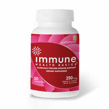 White bottle with pink and red label showing Immune Health Basics 250 mg dietary supplement, 30 capsules.