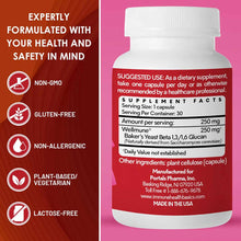 White bottle with red label containing 250 mg capsules, listing Wellmune Baker's Yeast Beta Glucan as active ingredient.