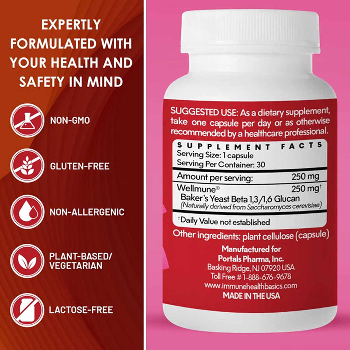 White bottle with red label containing 250 mg capsules, listing Wellmune Baker's Yeast Beta Glucan as active ingredient.
