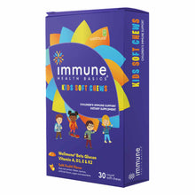 Purple box of Immune Health Basics Kids Soft Chews with colorful geometric shapes, brand logo, and illustrated children, 30 c