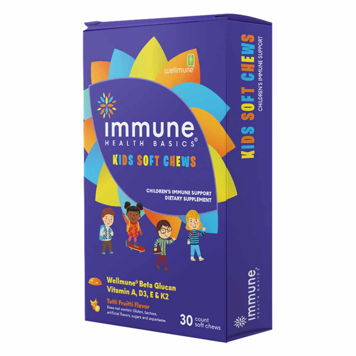 Purple box of Immune Health Basics Kids Soft Chews with colorful geometric shapes, brand logo, and illustrated children, 30 c