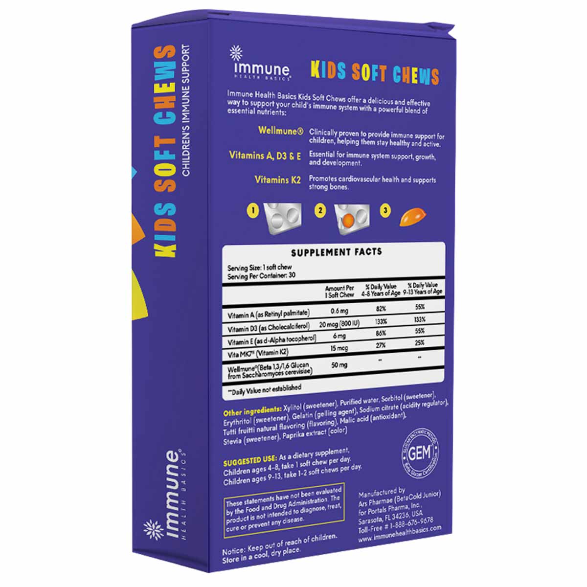 Purple box of Immune Health Basics Kids Soft Chews with product information, supplement facts, and ingredient list displayed 