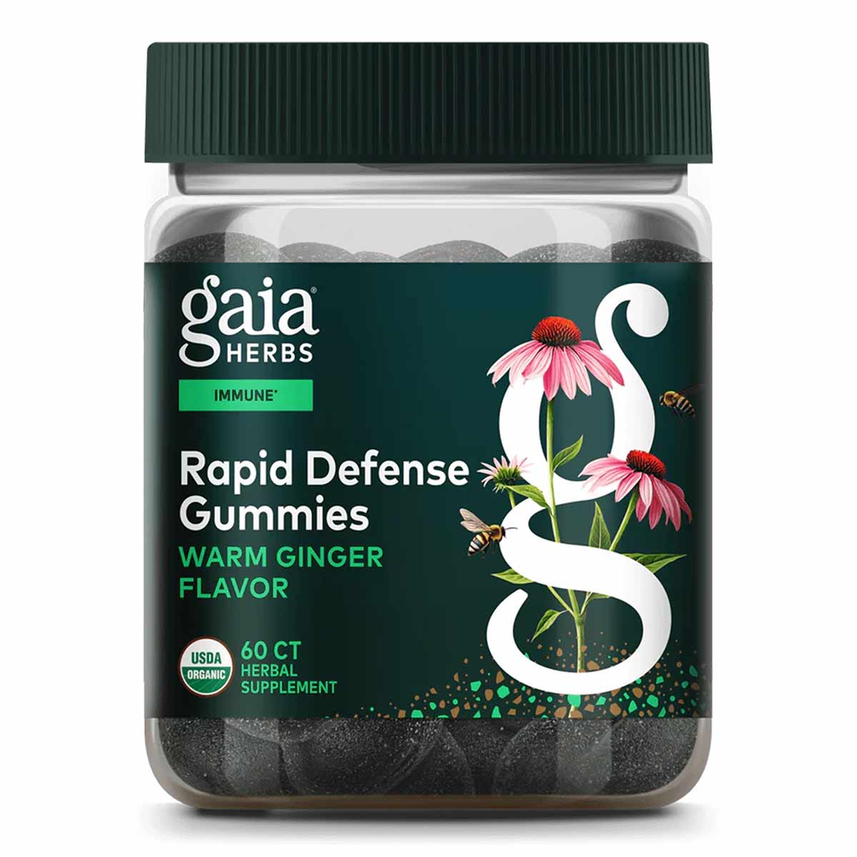 Bottle of Gaia Herbs Rapid Defense Gummies with dark green cap, dark gummies visible inside, labeled warm ginger flavor, 60 c