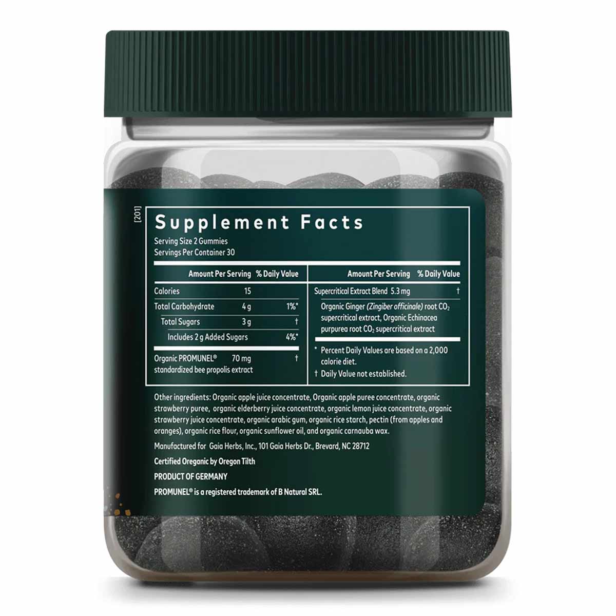 Bottle of dark round gummies with green cap and label displaying supplement facts and ingredients.