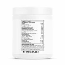 White cylindrical Thorne Vet supplement container with product facts label listing immune support ingredients and nutritional