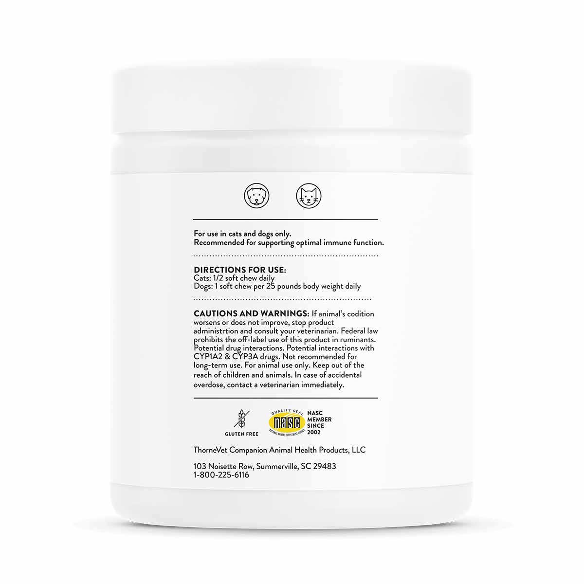 White container of Thorne Vet Immune Support Formula soft chews with product information and usage directions printed on labe