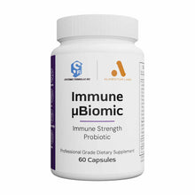 White bottle with purple stripe containing 60 capsules of Immune μBiomic probiotic supplement by Alimentum Labs.