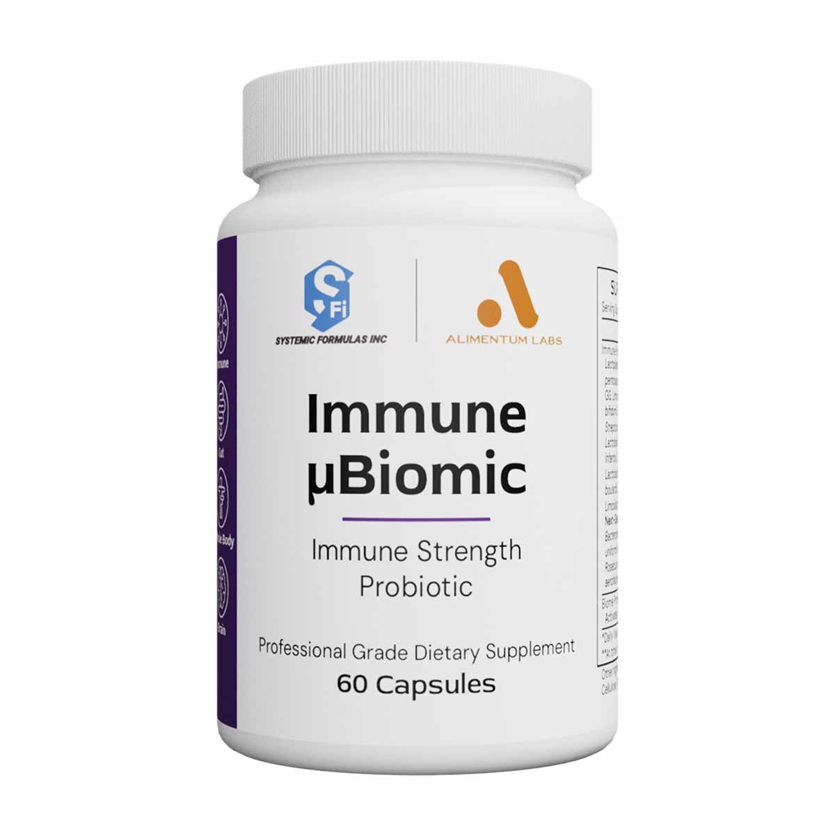 White bottle with purple stripe containing 60 capsules of Immune μBiomic probiotic supplement by Alimentum Labs.