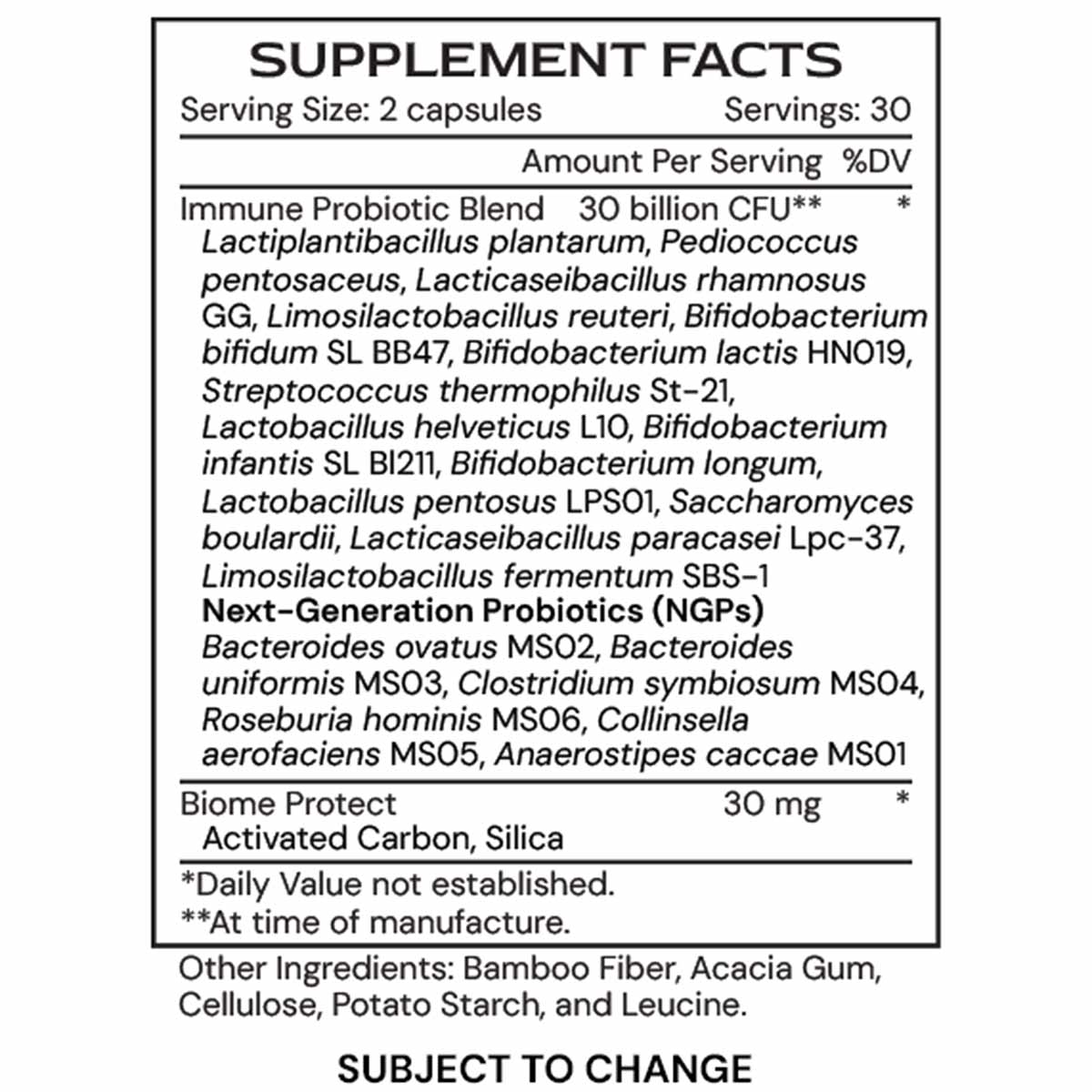 Supplement Facts label showing probiotic blend ingredients, serving size of 2 capsules, and other ingredients for Immune μBio