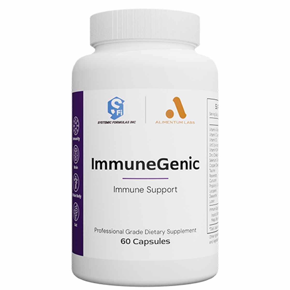 White bottle of ImmuneGenic dietary supplement with purple label, 60 capsules, by Alimentum Labs.