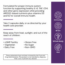 ImmuneGenic bottle with purple label showing immunity, brain, whole body, and gut icons, alongside product information and us