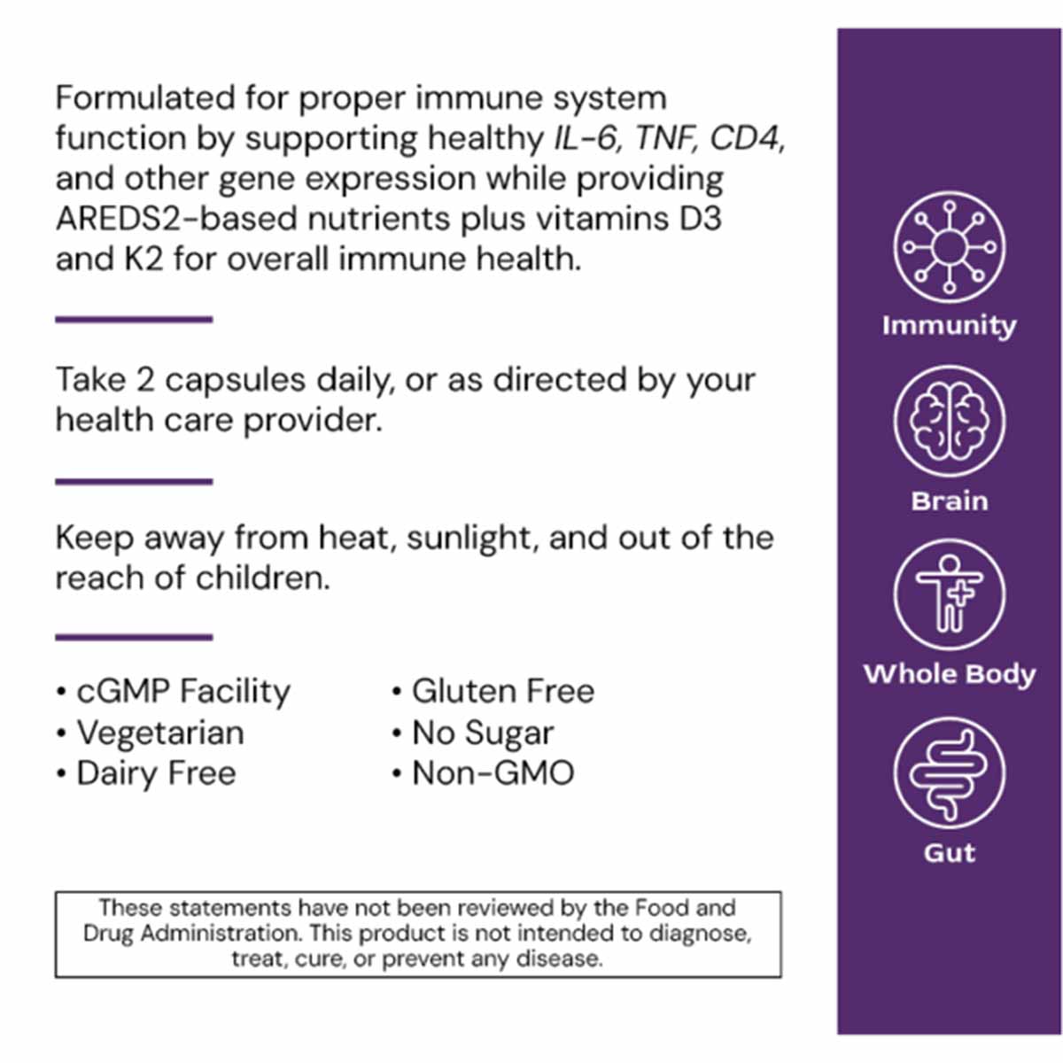 ImmuneGenic bottle with purple label showing immunity, brain, whole body, and gut icons, alongside product information and us