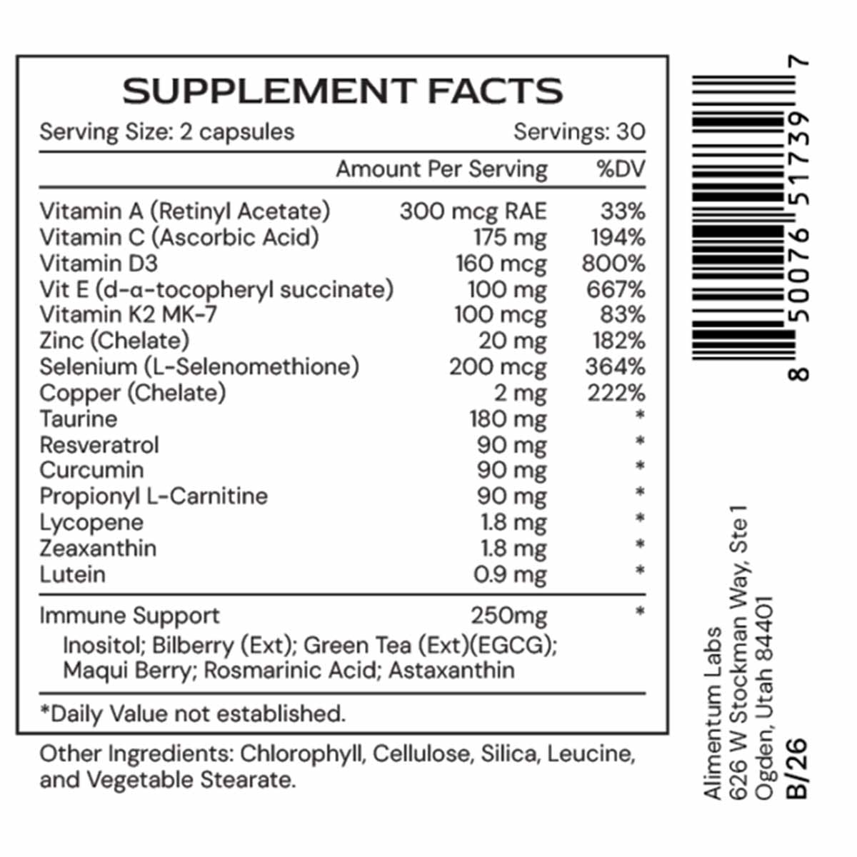Supplement Facts label for ImmuneGenic by Alimentum Labs listing vitamins, minerals, and botanical ingredients per 2-capsule 
